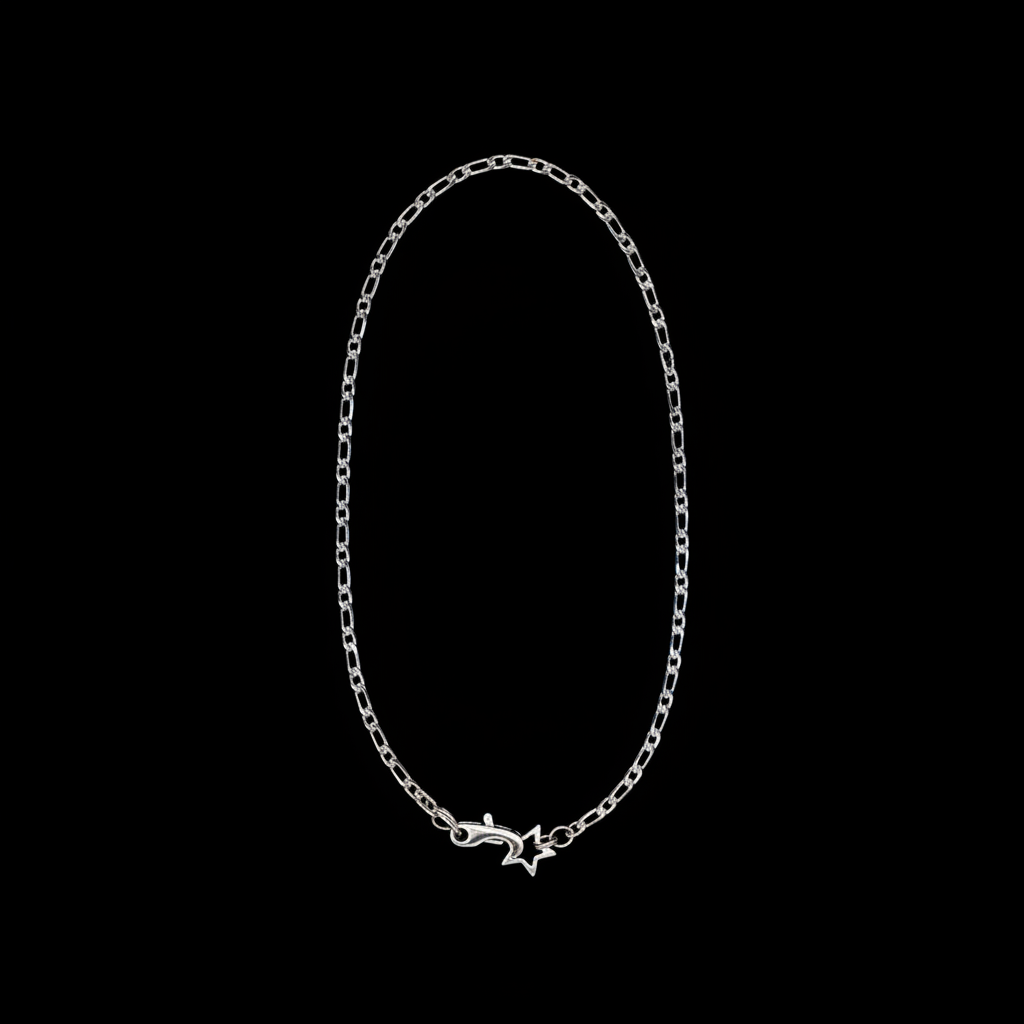 A stainless steel Figaro chain necklace with a star closure and spring loaded clasp, displayed against a black background.
