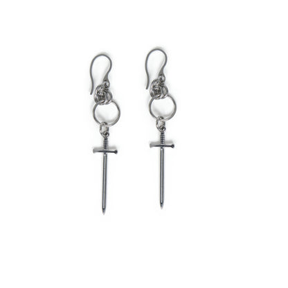 Pair of stainless steel earrings with chainmail detail and dangling sword charms on a white background