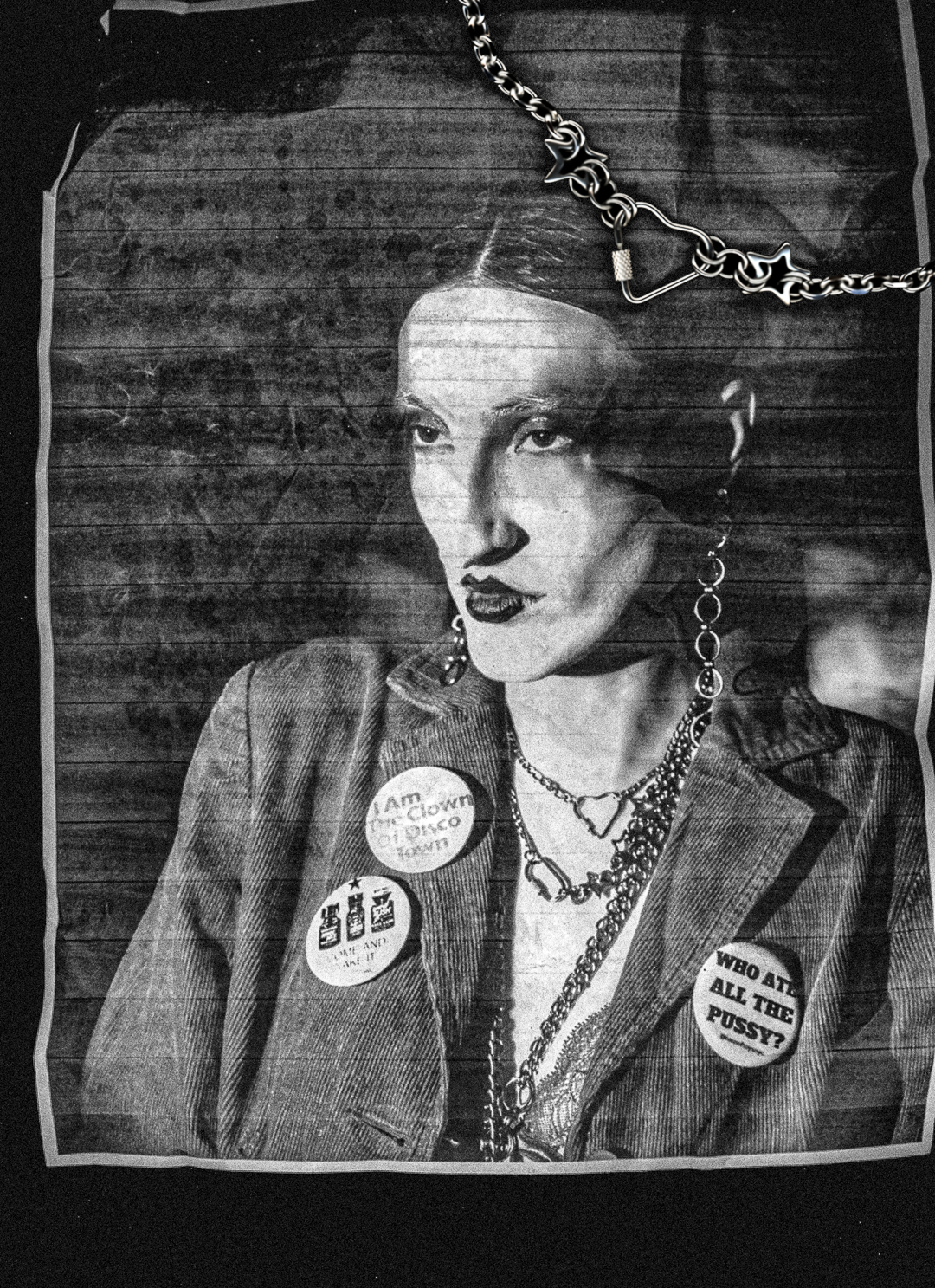 Black and white photocopy scan edit of a Riely Hunter Woodell wearing a jacket with buttons, the Cinq earrings and layered carabiner chains against a textured background with the Margo chain superimposed on the image. 