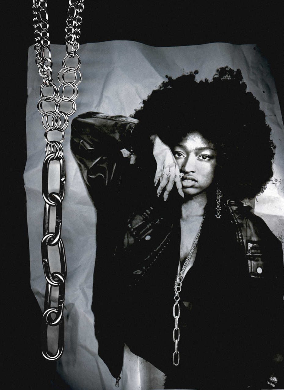 black and white photocopy scan edit of person with large afro and chain necklace against a plain background with the same chain overlayed in the scan.