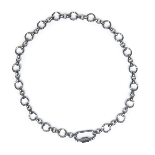 A silver-toned stainless steel chain necklace with larger circular links and a matching beveled screw lock carabiner clasp, arranged in a circle on a plain white background.