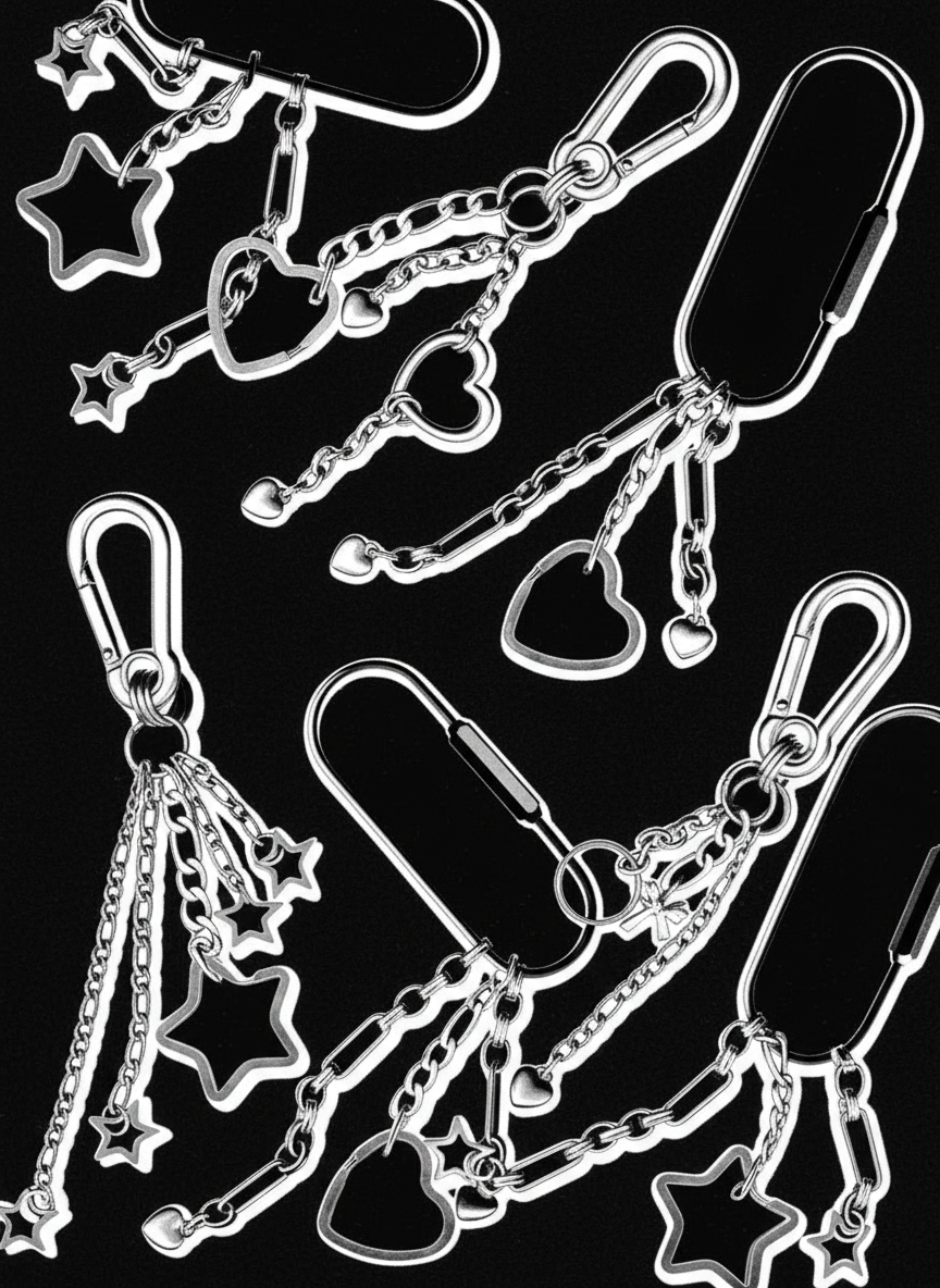 monochromatic black and white posterized graphic of various carabiner keychains with different star and heart charms.
