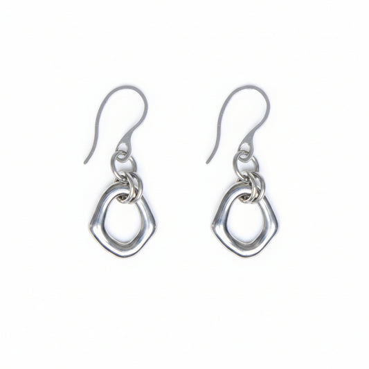 Pair of organic oval stainless steel, silver toned earrings with a french hook on a white background