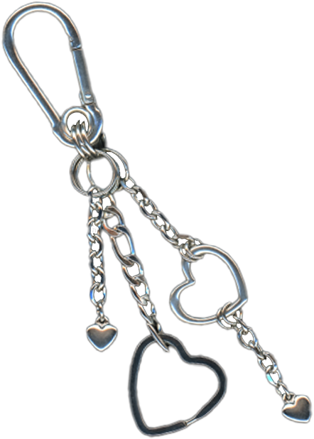 A silver stainless steel heart-shaped carabiner keychain with additional heart charms and Figaro chains