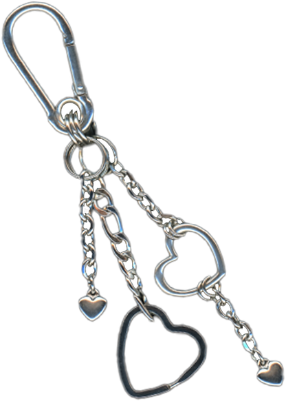 A silver stainless steel heart-shaped carabiner keychain with additional heart charms and Figaro chains