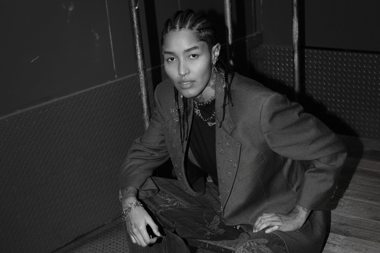 Person sitting on a bench wearing a gray coat and dark pants in an urban setting.