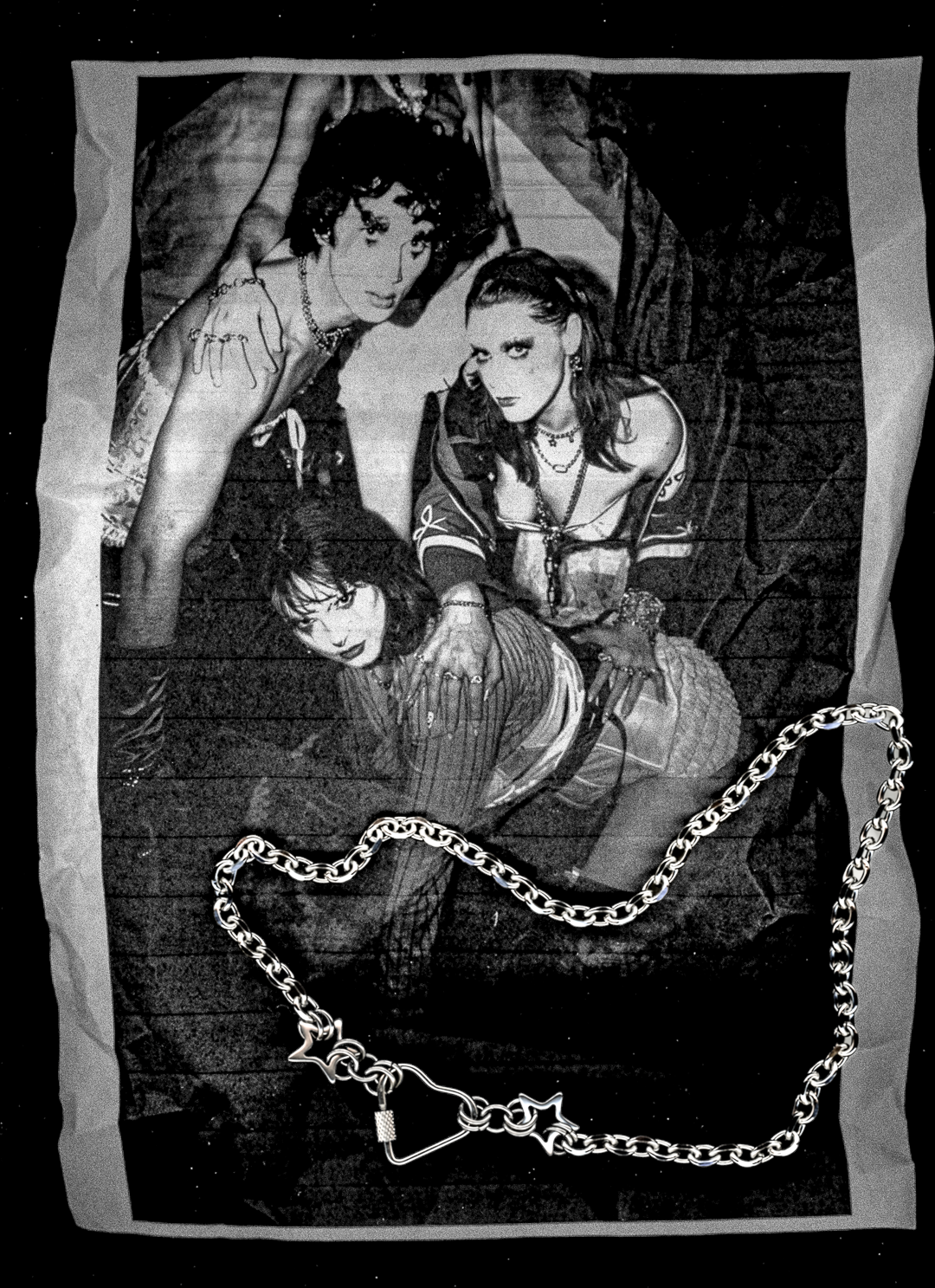 Black and white photocopy scan edit of three clowns with aa dark background and overlay of the Margo heart carabiner chain 