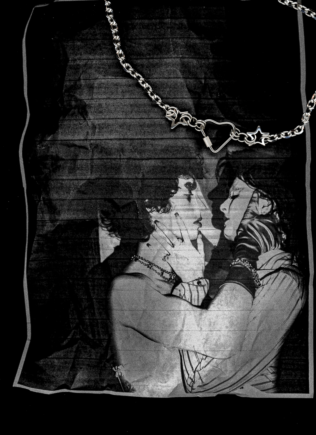 Black and white photocopy scan edit of a couple embracing with a heart-shaped necklace above them, on a dark background.