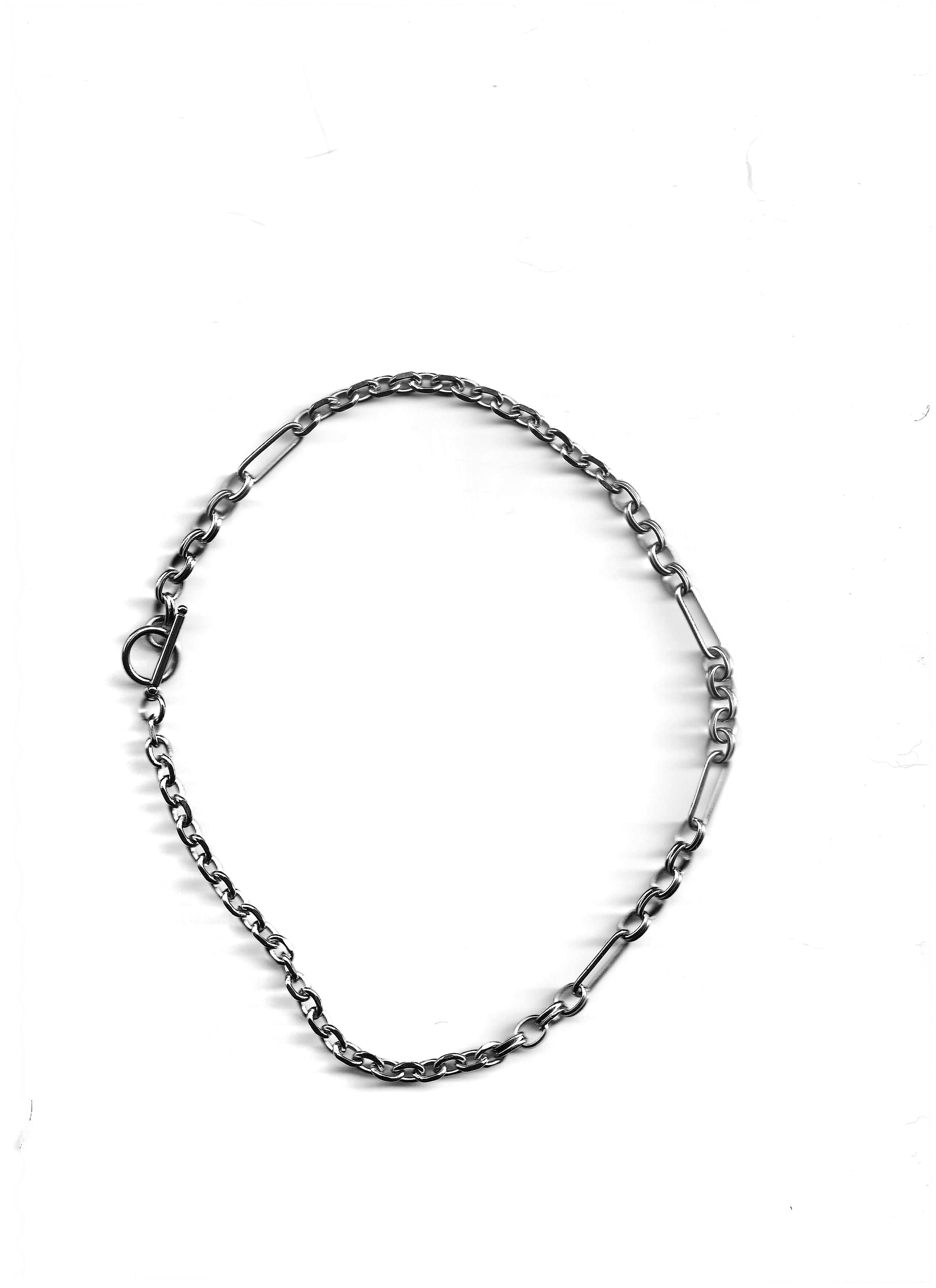 bywolfgang Remix N#010 necklace, figaro and paperclip-link chain, silver stainless steel, classic toggle clasp, 19"
