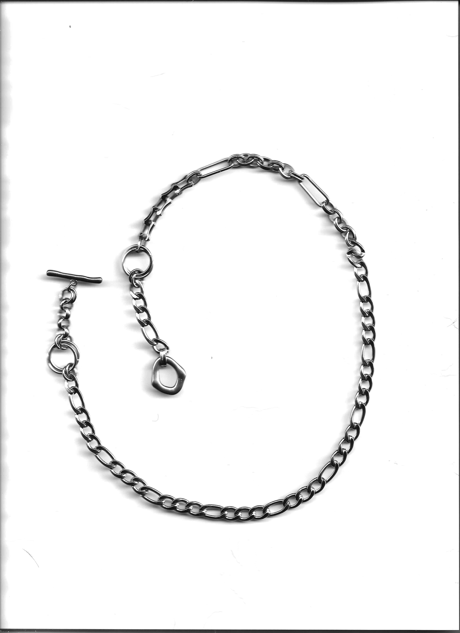 bywolfgang Remix N#008 necklace, figaro and paperclip-link chain, silver stainless steel, classic toggle clasp, 21.5"